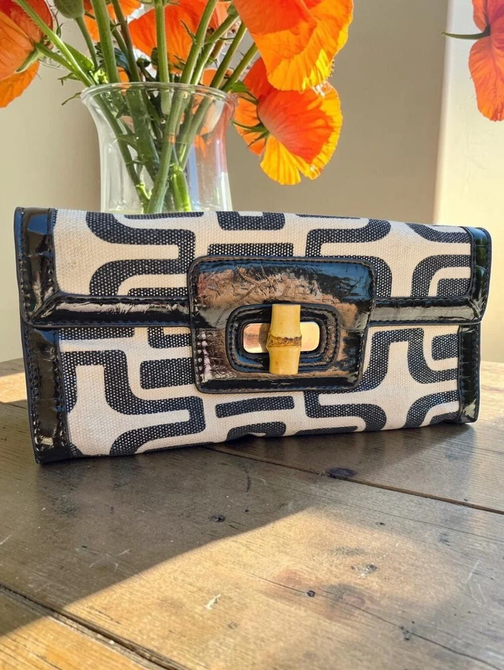 Sondra Roberts Black and Cream Geometric Canvas Clutch with Bamboo Accent